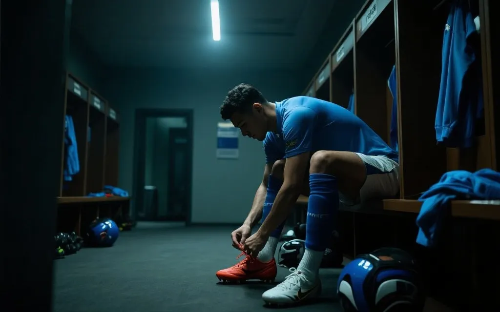 球员在赛前更衣室整理球鞋与护具，专注而安静的氛围