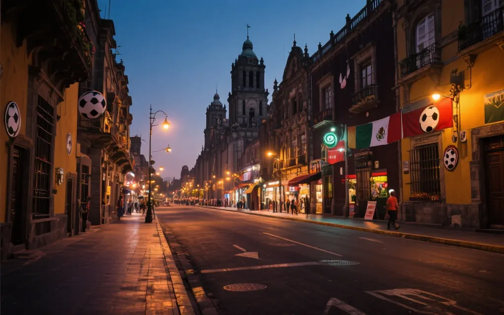 墨西哥城街头足球与传统建筑共存的旅行氛围画面