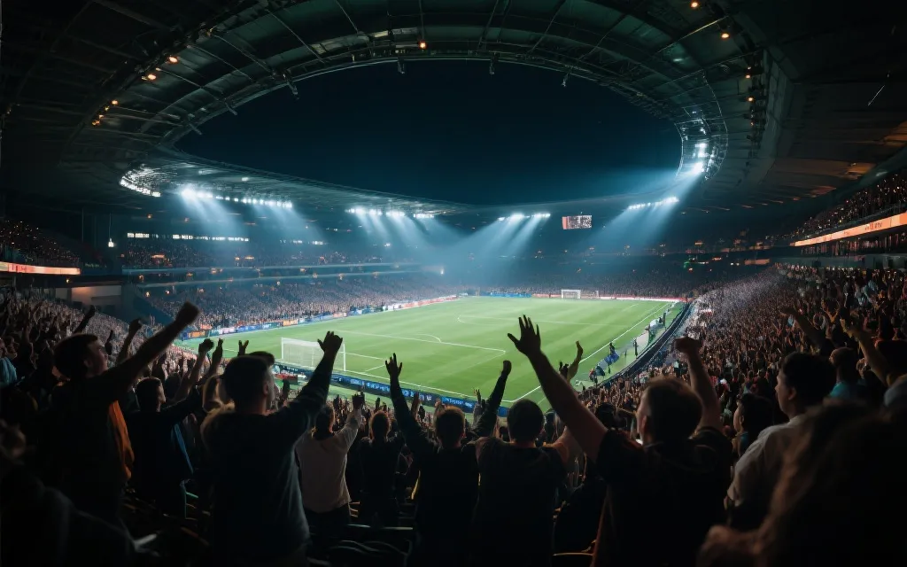 夜间球场内灯光与观众人潮，声光氛围强烈，体育赛事现场感