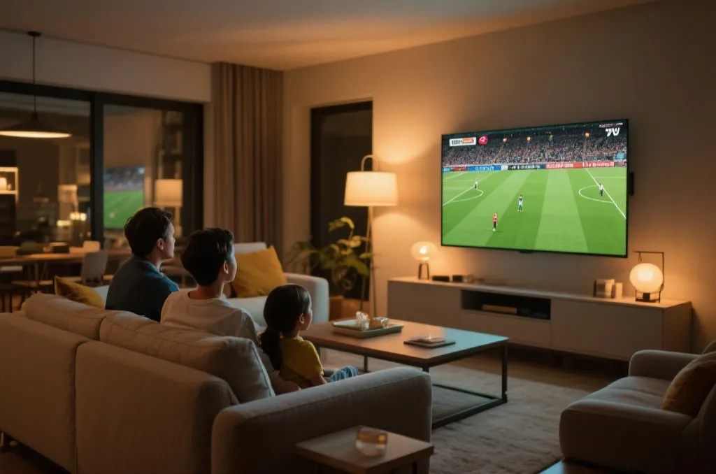 A modern living room interior where a family is watching a sports game on a large high-definition television, warm ambient lighting, cozy atmosphere, no visible logos